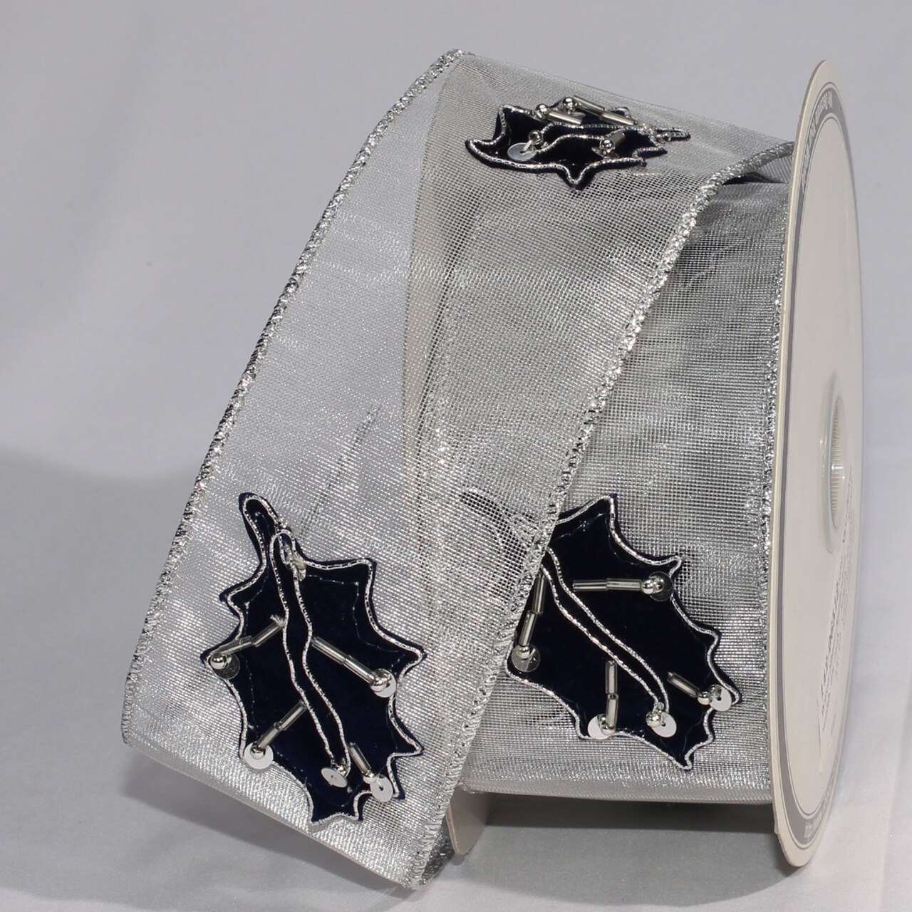 The Ribbon People Navy Blue and Silver Leaf Wired Craft Ribbon 2.5" x 10 Yards